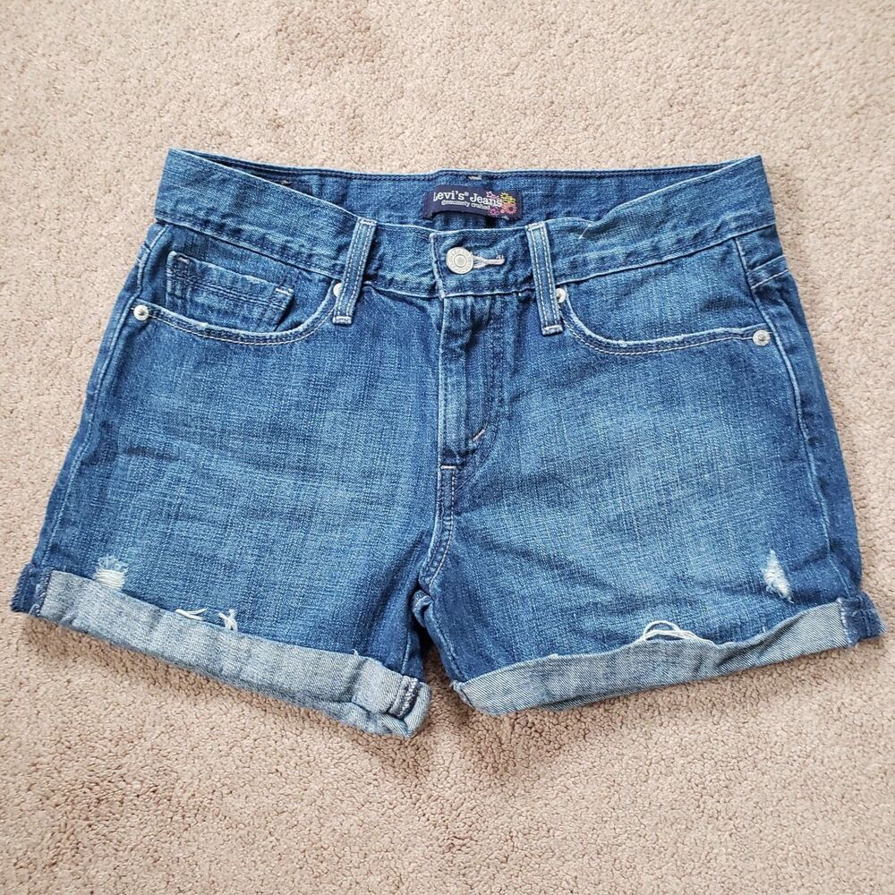 Levi's Y2k Cuffed Denim Shorts Distressed Med Wash Size 3 Beach Summer